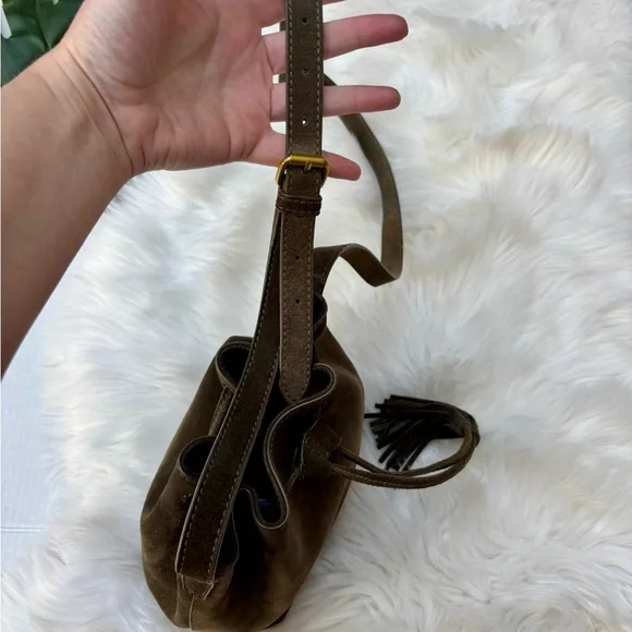 J. Crew Olive Suede Leather Drawstring Bucket Bag - Picture 6 of 8